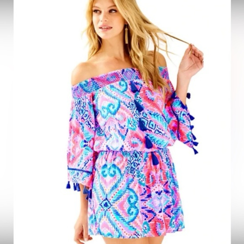 Joelle crepe off the shoulder dress in multi solar opposite
